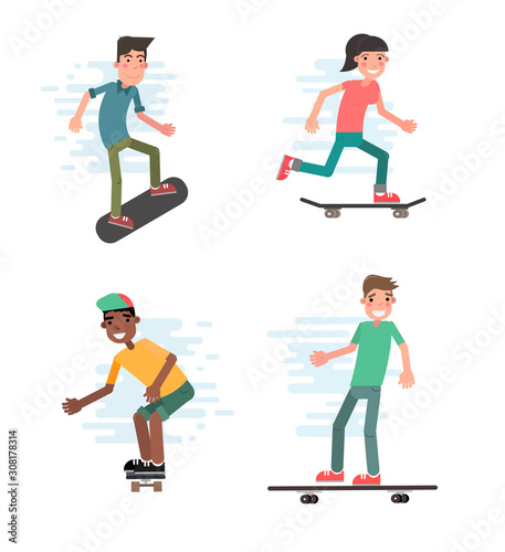 Modern urban teenage boys and girls on skateboard vector illustration. Set of isolated cartoon characters. City skaters have fun and do stunt and tricks. Skate extreme sport