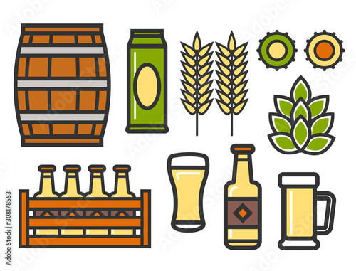 Beer linear icons of brewery barrel and crates with bottles