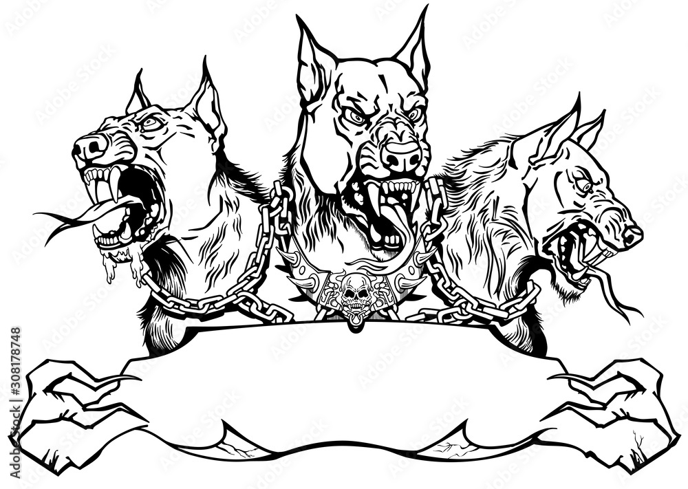 Cerberus hell hound. Mythological three headed dog the guard of