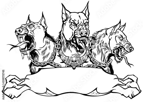 Cerberus hell hound. Mythological three headed dog the guard of entrance to hell. Hound of Hades. Logo, banner, emblem with ribbon scroll. Shirt design template. Black and white graphic style vector 