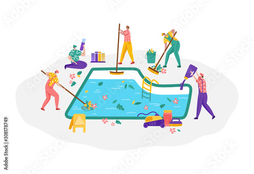 Pool maintenance, group of people in uniform is cleaning and taking care of swimming pool, cheerful workers with equipment are busy with work - test water, collect leaves, sweep the floor, flat vector