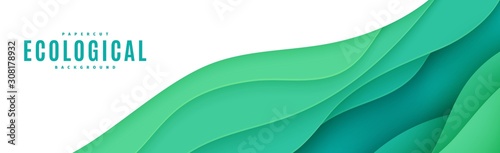Abstract green horizontal banner in cut paper style. Cutout grass wave template for save the Earth flyer, ecology brochures, presentations, invitations with place for text .Vector card illustration