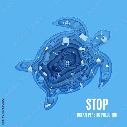 Silhouette of a turtle cut out of paper and ocean pollution banner. Craft underwater ocean deep cave with plastic rubbish. Papercut marine cartoon animals. Vector World Ocean Day environment concept.