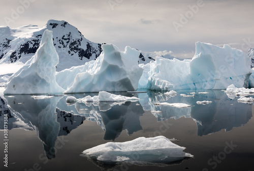 Interesting shapes of icebergs reflected in the waters of Paradise Habour, Antarctica photo