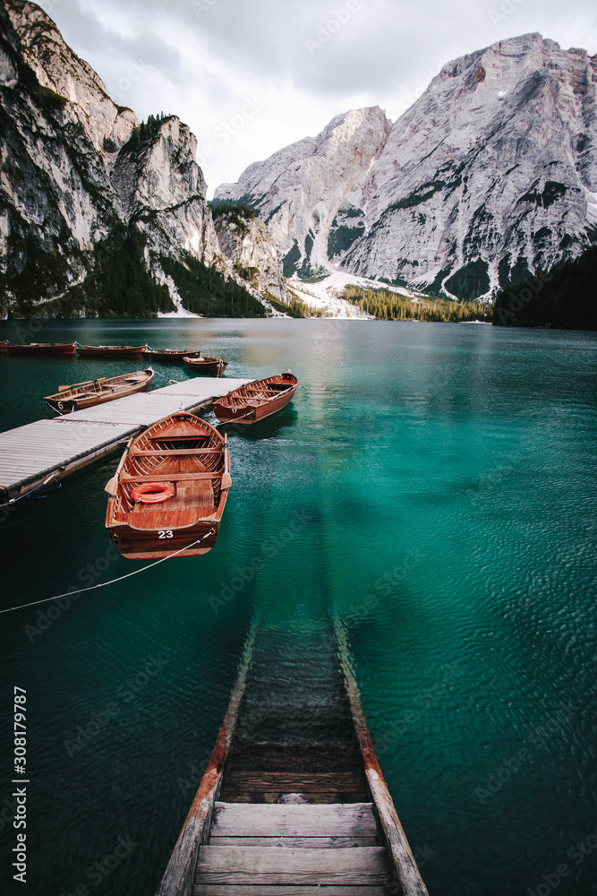 Nature landscape of Lago di Braies Lake in italian Dolomites mountains in northern Italy. 