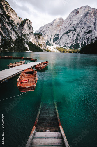 Nature landscape of Lago di Braies Lake in italian Dolomites mountains in northern Italy. 