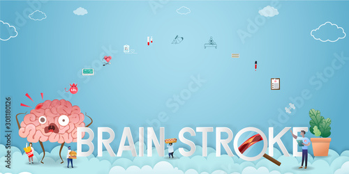 Brain stroke disease. Heart awareness concept. Atherosclerosis stages. The red epicenter of the pain of the brain, health care cartoon. Suitable For Wallpaper, Banner, Background.Vector Illustration