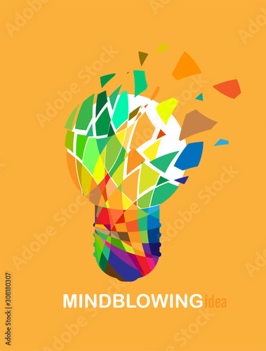 Mindblowing brilliant idea poster illustrated by an exploding colorful light bulb