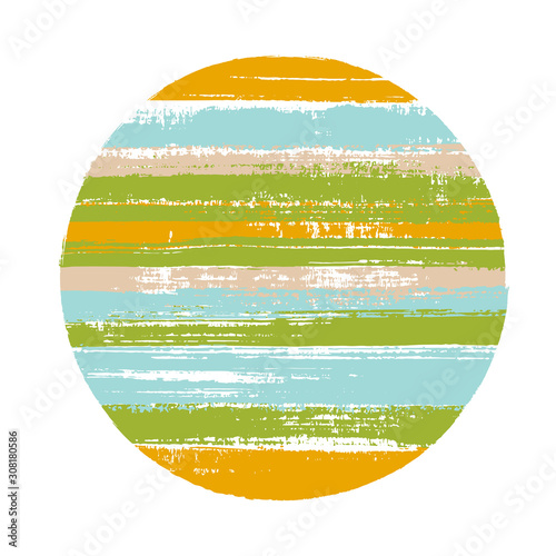 Abstract circle vector geometric shape with stripes texture of paint horizontal lines. Old paint texture disk. Label round shape logotype circle with grunge stripes background.