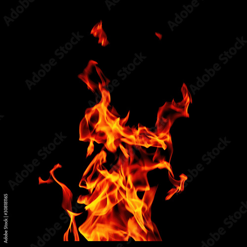 Fire flame isolated on black background. Beautiful yellow  orange and red blaze fire flames. For action design.