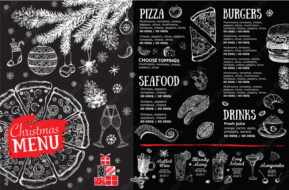 Naklejka Christmas menu. Food flyer. Template design. Restaurant menu.