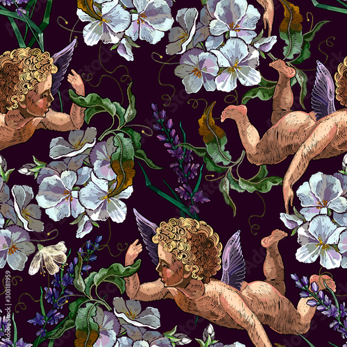 Embroidery angels and white flowers seamless pattern. Template for clothes and t-shirt design. Renaissance art. Cupids. Happy Valentines Day art. Paradise garden
