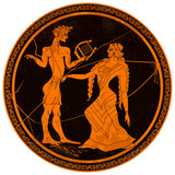 Greek vase painting. Red figure techniques. Meander circle style. Ancient Greece. Slave and goddess. Mythology and legends