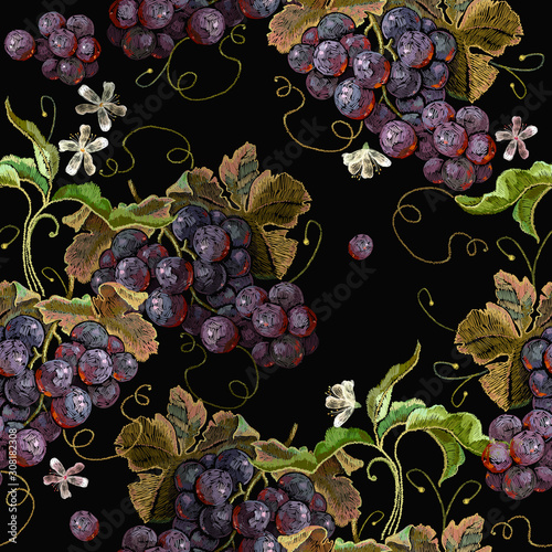 Embroidery cluster of grapes, seamless pattern. Template fashionable clothes, t-shirt design, print, renaissance style. Harvest art