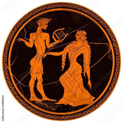 Greek vase painting. Red figure techniques. Meander circle style. Ancient Greece. Slave and goddess. Mythology and legends