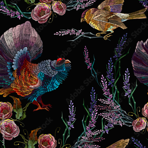 Wood grouse, titmouse birds, lavender and roses flowers. Embroidery seamless pattern. Spring forest art. Fashion template for clothes