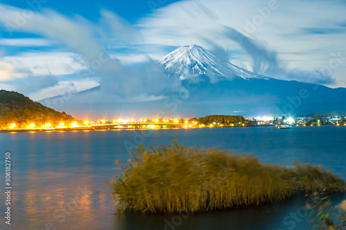 Kawaguchiko Lake. Japan. Mount Fujiyama. Sea tours on Lake Kawaguchiko. Volcano fuji. Tourism in Japan. Active volcano in Japan. Evening Fujikawaguchiko. Landscape. Nature. Fuji sunset. photo