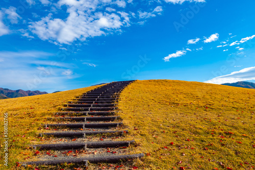 Fujikawaguchiko. Japan. Yagizaki Park on a summer day. Staircase from logs in the hills. Landscaping. Autumn park in Japan. Japan day. Traveling around Fujikawaguchiko. Landscapes of East Asia. photo