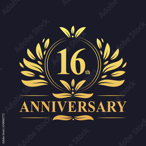 16th Anniversary logo, luxurious golden color 16 years Anniversary logo design celebration.