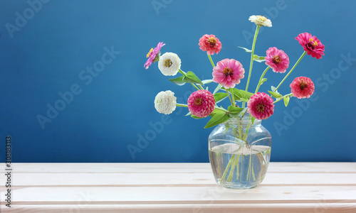 Billede på lærred delicate bouquet with pink zinnias on a blue background.