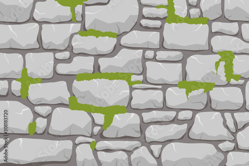 A wall of stone, a stone wall overgrown with moss. Masonry made of gray stone. Vector, cartoon illustration