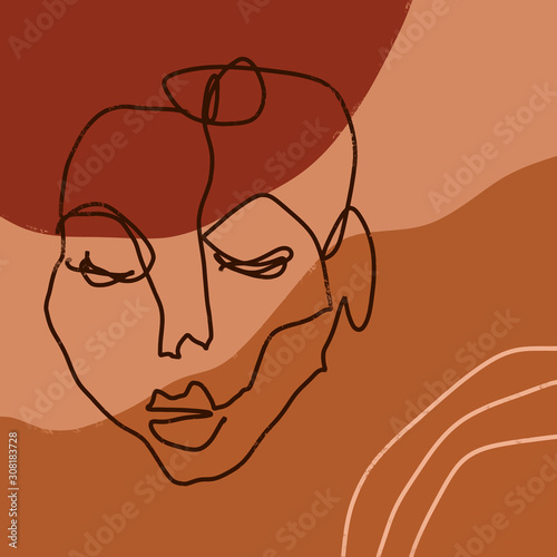 Simple Handdrawn Terracotta Art Abstraction Modern Trendy Line Portrait Face Composition Monochrome Print For Clothes Textile Vector illustration