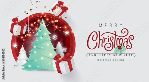 Merry christmas and happy new year background Decorated with christmas tree and gift box paper cut style.Glowing lights Vector Illustration.