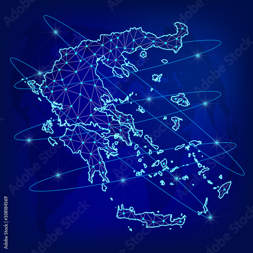 Global logistics network concept. Communications network map of Greece on the world background. Map of Greece with nodes in polygonal style. Vector illustration EPS10. 