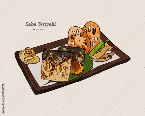 Grilled Saba fish steak with teriyaki sauce - Japanese food style. Hand draw sketch vector.
