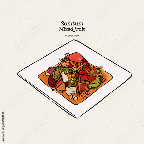 Mixed fruit spicy salad (Som Tum), hand draw sketch vector.