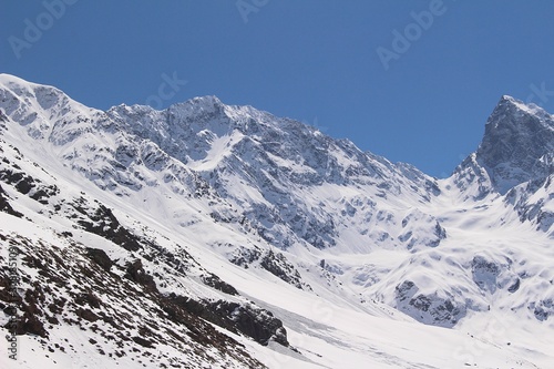 High peaks of snowy mountains in Cajón del Maipo, in the central Andes of Chile.