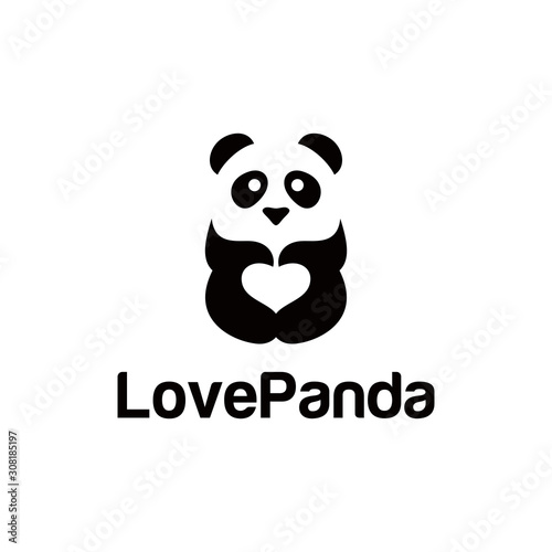 Love panda logo. cute Panda Logo design vector template. animal, asia, bamboo, heart, character, china, bear, black, pet, safari