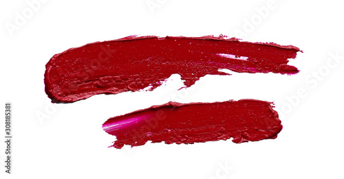 Smear and texture of red lipstick or acrylic paint isolated on white background.