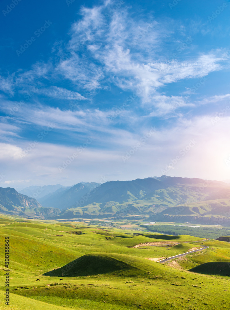Fototapeta premium Peaceful landscape with meadow, hills, mountains and sunlight