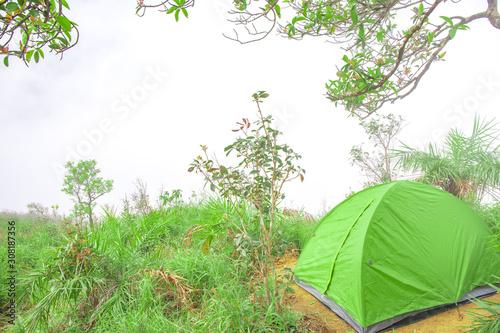 Campping tent on the hill of mountain forest at 