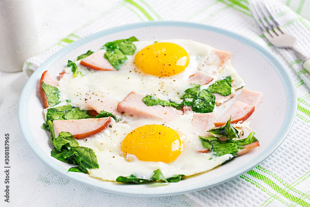 Fried eggs with ham and spinach. Delicious English Breakfast. Brunch. Keto/paleo diet. Fried eggs with ham and spinach. Delicious English Breakfast. Brunch. Keto/paleo diet.