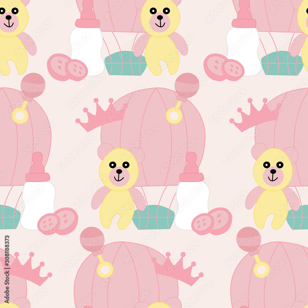 Pattern design with pink and yellow baby girl toys