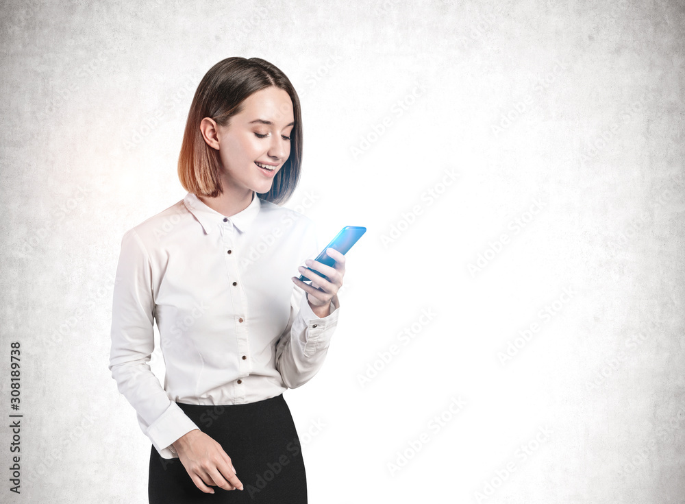 Smiling businesswoman with smartphone, mock up Smiling businesswoman with smartphone, mock up