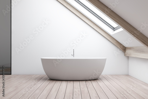 Attic white bathroom interior with tub