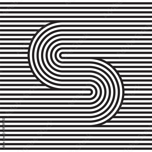 S logo. S monogram consist of black and white strips. Optical illusion. Network, web, UI icon. 