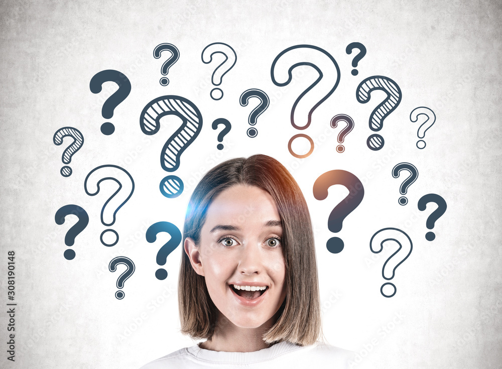 Smiling teen girl with many questions Smiling teen girl with many questions