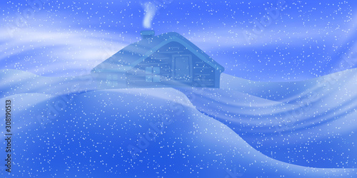Fantasy on the theme of the winter landscape. Night, small hut. Snowstorm, it's snowing. Vector illustration, EPS10