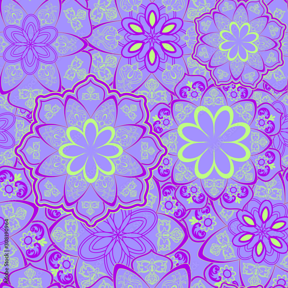 Bright colorful combination of abstract flowers in a seamless pattern Bright colorful combination of abstract flowers in a seamless pattern