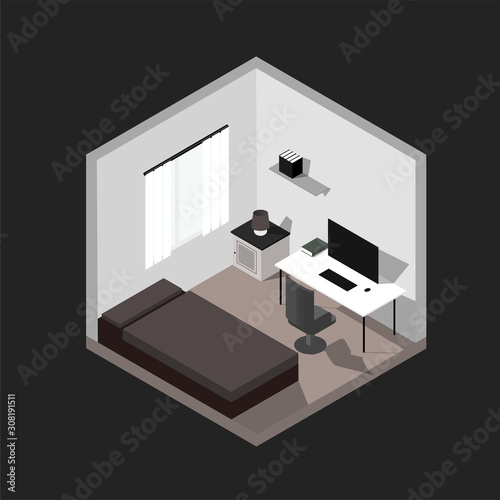 home room isometric vector illustration, isometric side view interior home room