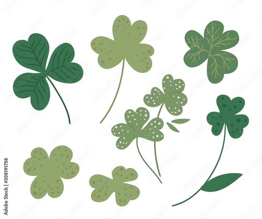 Vector set with flat clover leaf illustration. Cute spring icons collection. St. Patrick’s day’s symbol. Irish national holiday concept. Green plant clip art isolated on white background.. Vector set with flat clover leaf illustration. Cute spring icons collection. St. Patrick’s day’s symbol. Irish national holiday concept. Green plant clip art isolated on white background..