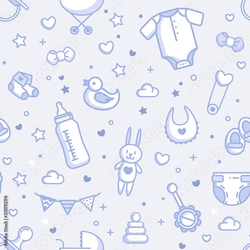 Baby Related Seamless Pattern In Blue Colors. Vector Cartoon Illustration