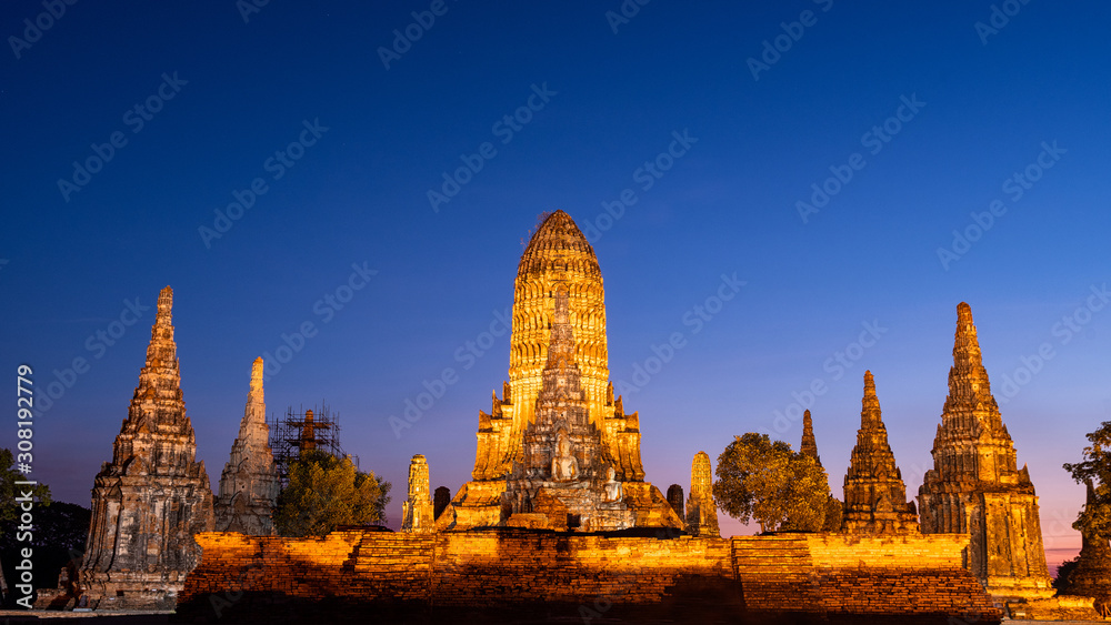 Beautiful Chaiwatthanaram temple in twilight time Is a historic site And one of the important tourist attractions at Ayutthaya, Thailand