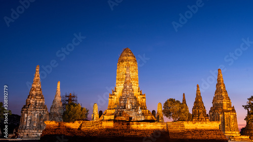 Beautiful Chaiwatthanaram temple in twilight time Is a historic site And one of the important tourist attractions at Ayutthaya, Thailand