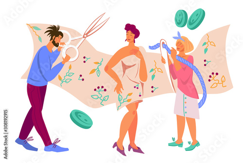 Banner with people cartoon characters working in atelier or sewing workshop, flat vector illustration isolated. Fashion clothing tailors and dressmakers, designers at work, needlework and crafting.