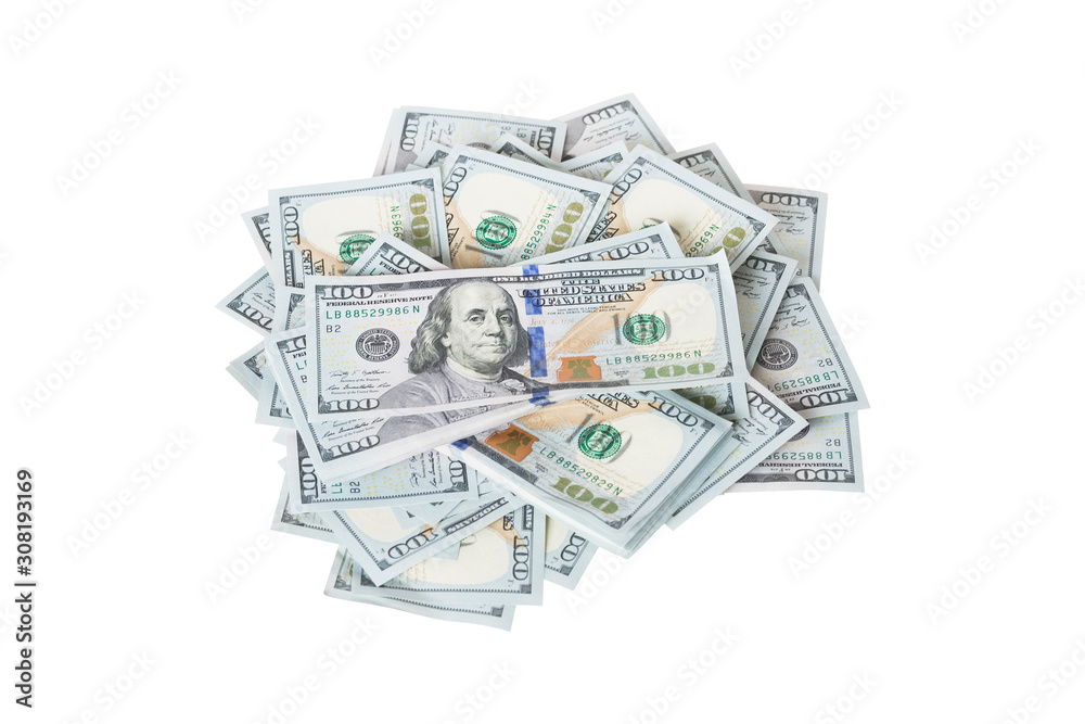 A stack of dollars on  white background.